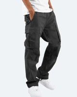 Front view of men's relaxed fit cargo trousers with straight leg and side cargo pockets