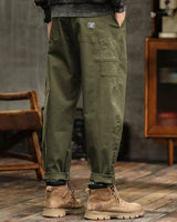 Close-up of side flap pockets on men's cargo trousers