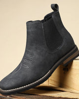 Close-up of western stitch detail on the toe cap of men's Chelsea boot