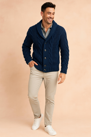 Side profile of the men's chunky knit cardigan showing the ribbed hem