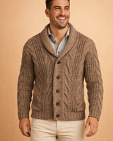 Rear view of the hip-length men's shawl collar cardigan