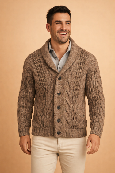 Rear view of the hip-length men's shawl collar cardigan