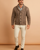 Model wearing the cardigan open over a shirt with chinos