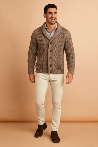 Model wearing the cardigan open over a shirt with chinos