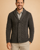 Five-button front closure of the chunky knit cardigan shown buttoned