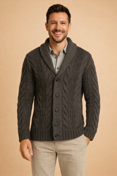 Five-button front closure of the chunky knit cardigan shown buttoned