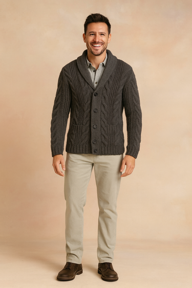 Close-up of the cable-knit texture across the body of the cardigan
