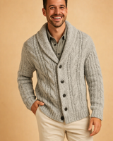 Detail shot of the ribbed cuffs on the men's cable-knit cardigan