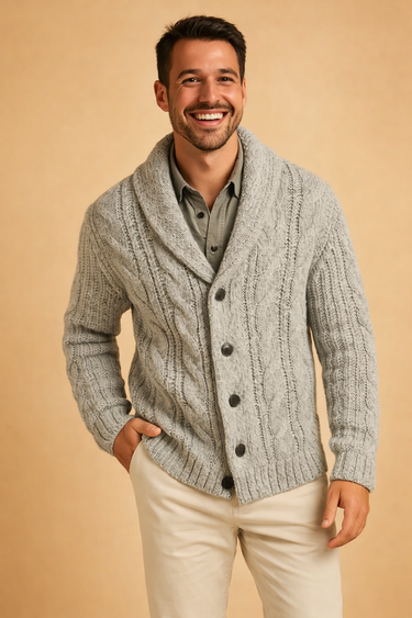 Detail shot of the ribbed cuffs on the men's cable-knit cardigan