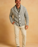 Full-length view of the men's shawl collar cardigan styled casually