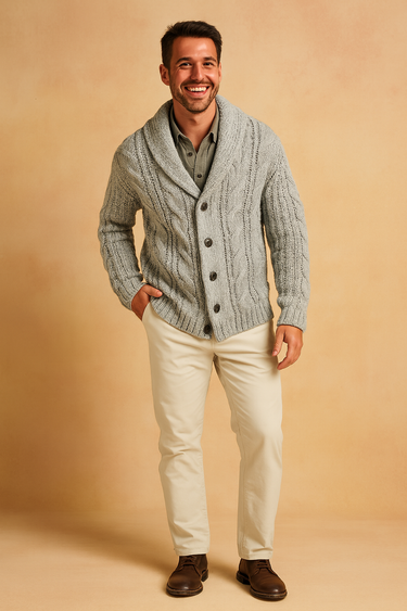 Full-length view of the men's shawl collar cardigan styled casually