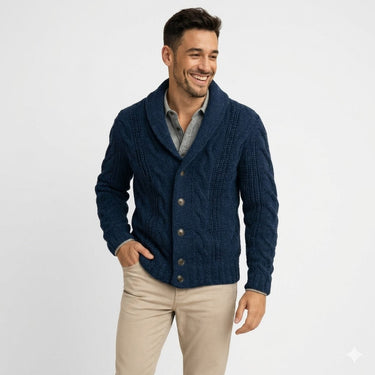 Front view of a men's chunky cable-knit cardigan with shawl collar and button front