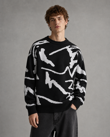 Men's abstract graphic knit jumper, back view showing all-over pattern