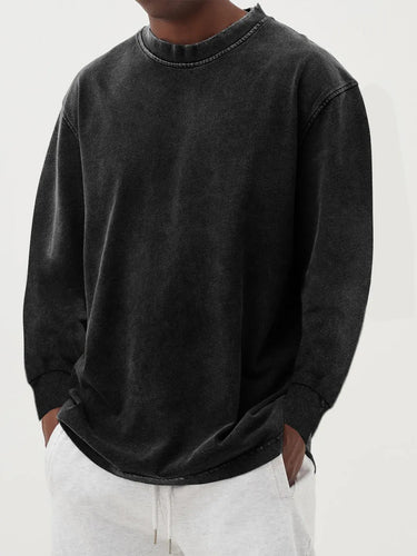 Close-up of crew neckline and ribbed cuffs on men's knit jumper