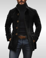 Close-up of the wooden button fastening and structured stand collar detail
