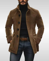 Side profile of the corduroy jacket showing the tailored slim-fit silhouette