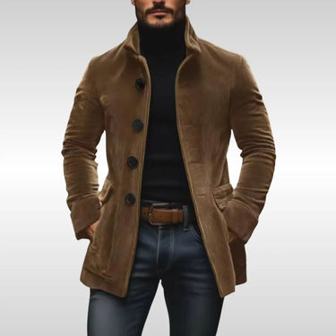 Side profile of the corduroy jacket showing the tailored slim-fit silhouette