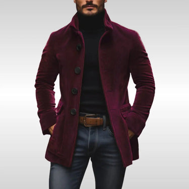 Back view of the men's corduroy jacket displaying the ribbed fabric and collar