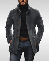 Front view of a slim-fit men's corduroy jacket with stand collar and wooden buttons