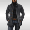 Front view of a slim-fit men's corduroy jacket with stand collar and wooden buttons