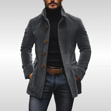Front view of a slim-fit men's corduroy jacket with stand collar and wooden buttons