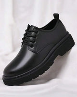 Side profile of men's chunky derby boots showing block heel and treaded sole