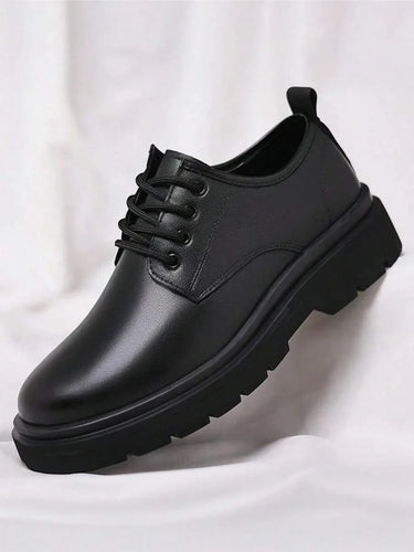 Side profile of men's chunky derby boots showing block heel and treaded sole