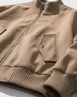 Close-up of the stand-up collar and zip-through front fastening