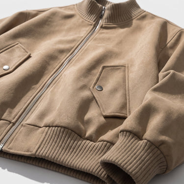 Close-up of the stand-up collar and zip-through front fastening
