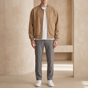 Front view of a faux leather bomber jacket with stand-up collar and zip closure