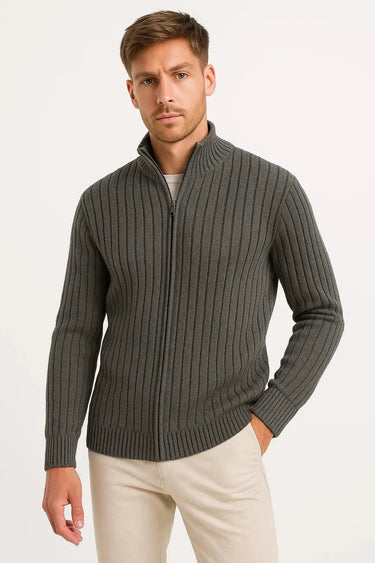 Men's fine knit cardigan worn open over a shirt, side angle view
