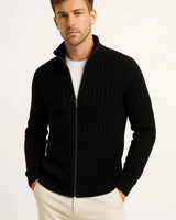 Back view of men's ribbed fine knit cardigan showing fit and length