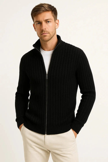 Back view of men's ribbed fine knit cardigan showing fit and length