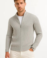 Men's fine knit ribbed cardigan with button-through front, full length view