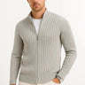 Men's fine knit ribbed cardigan with button-through front, full length view