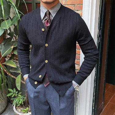 Close-up of the ribbed knit texture and tonal buttons on the cardigan front