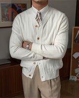 Side view showing the close-draping fit and hem length of the cardigan