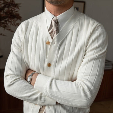 Detail shot of the deep V-neckline and button-front fastening