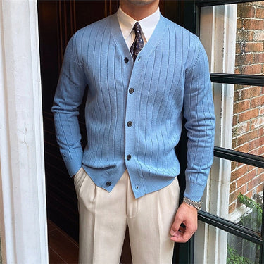 Front view of a men's fine knit ribbed cardigan with V-neck and button front