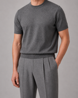 Men's short-sleeve fine knit crew neck jumper with ribbed trims, front view