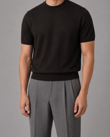 Men's short-sleeve fine knit crew neck jumper, full-length front view