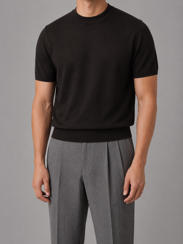 Men's short-sleeve fine knit crew neck jumper, full-length front view