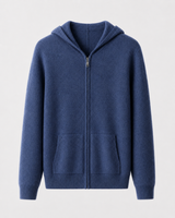Model wearing the hoodie fully zipped with a relaxed casual outfit