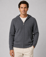 Model wearing the zip-up hoodie open over a plain T-shirt