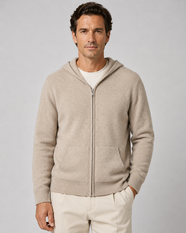 Detail shot of the hood and neckline on the fine knit zip-up