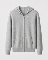 Flat lay of the men's fine knit zip-up hoodie showing full length