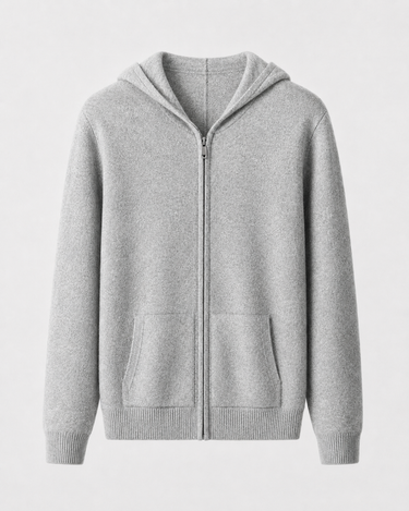 Flat lay of the men's fine knit zip-up hoodie showing full length
