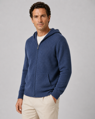 Close-up of the front kangaroo pocket on the men's knit hoodie