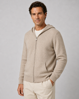 Front view of a men's fine knit zip-up hoodie in a relaxed fit