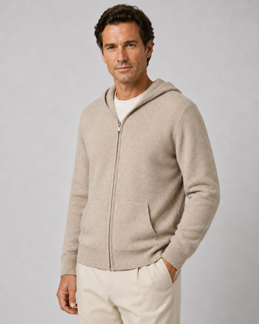 Front view of a men's fine knit zip-up hoodie in a relaxed fit